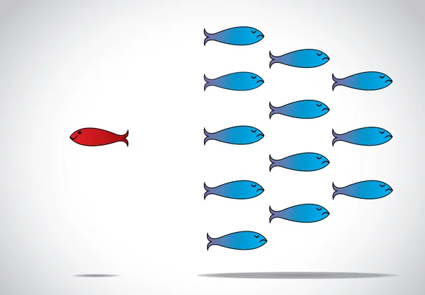 A sharp smart alert happy red fish with open eyes going in the opposite direction of a group of sad blue fishes with closed eyes : Be different or unique concept design illustration — 图库照片#