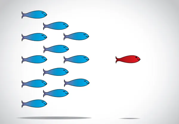 A sharp smart alert happy red fish with open eyes leading a group of happy blue fishes with closed eyes : leader or Leadership concept design illustration — Stock Fotó