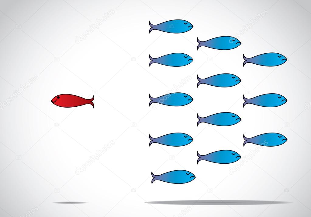 A sharp smart alert happy red fish with open eyes going in the opposite direction of a group of sad blue fishes with closed eyes : Be different or unique concept design illustration