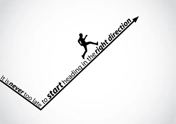 A passionate man running up an arrow in the right direction with the text - it is never too late to start heading in the right direction - motivational quote concept design illustration art — 图库照片