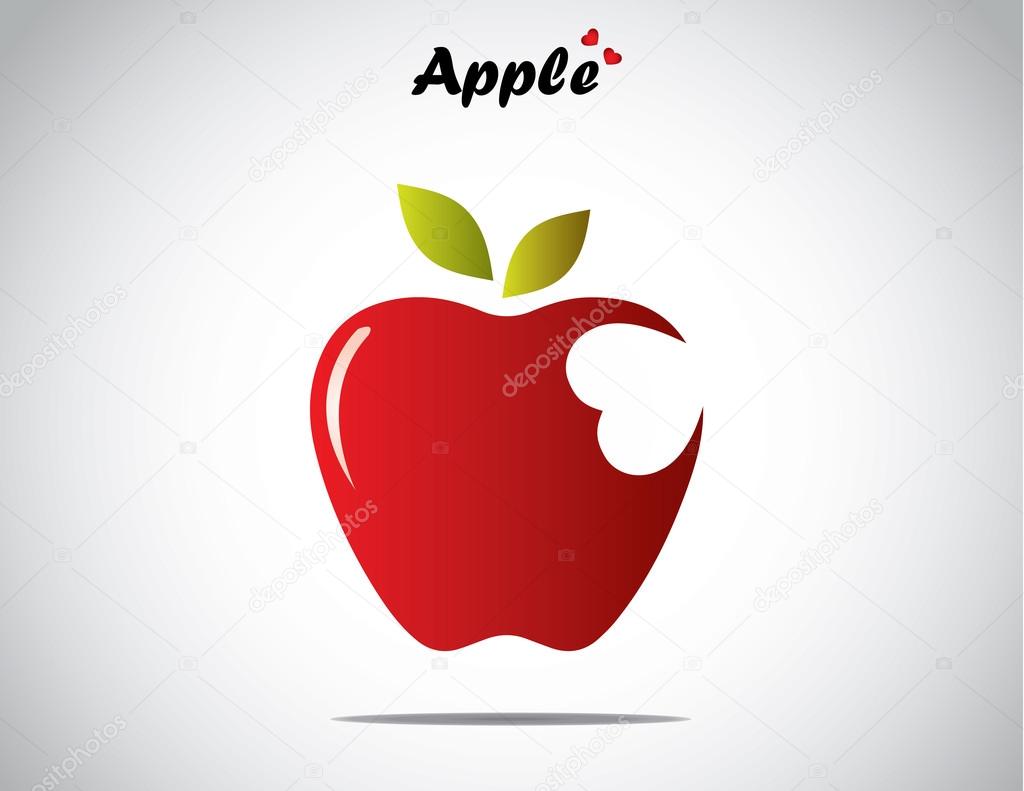 A red colorful shiny apple with green leaves with a heart shaped bite - concept design illustration unusual art