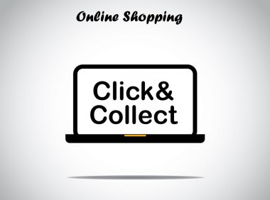 Konsept tasarım illüstrasyon sıradışı sanat alışveriş online: tıklayın ve toplamak parlak beyaz arka plana sahip siyah bir dizüstü bilgisayarda görüntülenen metin