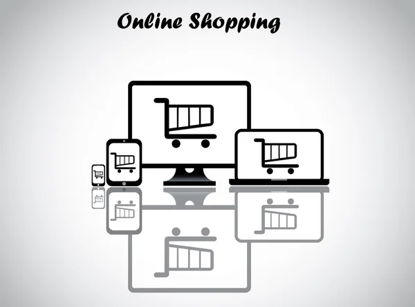 在线购物概念设计的插图不寻常的艺术： 购物推车显示在所有的四个电子设备-台式机、 笔记本电脑、 平板电脑和智能手机与明亮的白色背景 — 图库照片