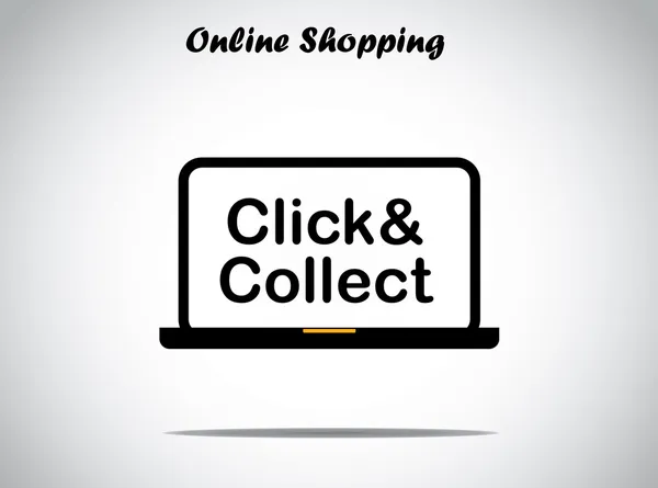 Online shopping concept design illustrazione arte insolita: clicca e raccogliere il testo visualizzato su un computer portatile nero con sfondo bianco brillante — Foto Stock