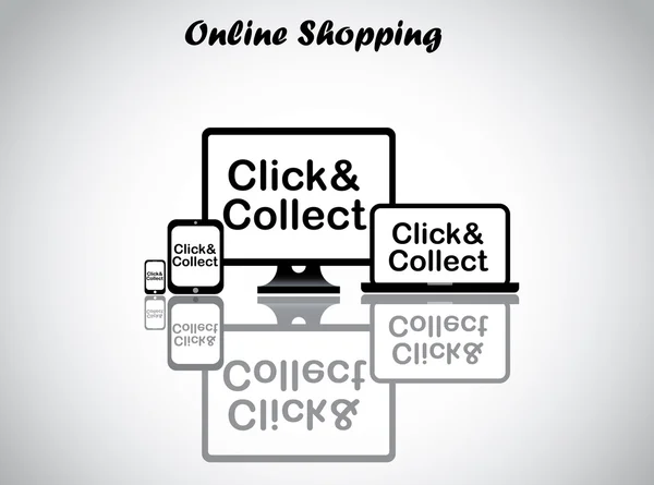 オンライン ショッピングの珍しい設計図のコンセプト アート: クリックし、-デスクトップ、ラップトップ、タブレットとスマート フォン明るい白い背景を持つすべての 4 つの電子デバイスに表示されるテキストを収集 — ストック写真