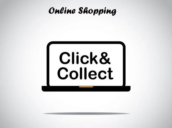 オンライン ショッピングの珍しい設計図のコンセプト アート: クリックし、明るい白い背景と黒のノート パソコンに表示されるテキストを収集 — ストック写真