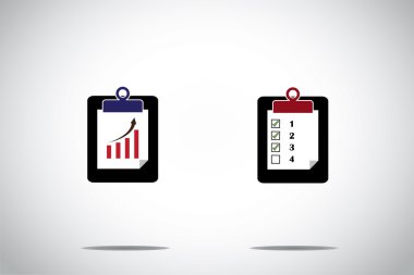 Not defteri sınav pad sembolleri ile devam eden ok ve Yapılacaklar listesi simgeleri. iki farklı renkli çubuk grafik ile ok ve Yapılacaklar listesi onay kutuları - konsept tasarım illüstrasyon sanat parlak beyaz arka plan
