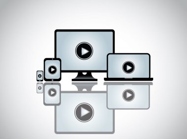 video film simgesi bilgisayar, dizüstü bilgisayar, tablet ve smartphone üzerinde oynamak. Online Film ve video sanat kavramına farklı cihazlar - masaüstü bilgisayarlar, dizüstü bilgisayarlar, tablet ve akıllı telefon - simge uyumlu oynamak