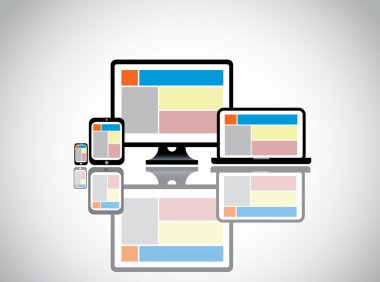 Masaüstü Bilgisayar laptop tablet & akıllı telefon üzerinde web sitesi şablonu. Web kavramı tasarlamak renkli uyumlu Web sitesinin farklı aygıtlarda müşterilere şirket bilgilerini görüntüleme