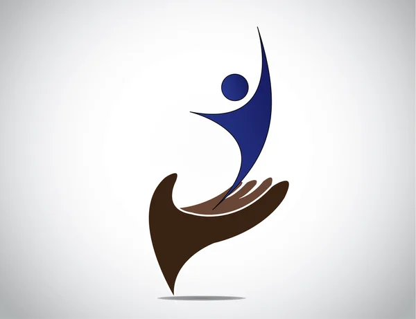 Successful talent management of young person and woman concept. happy young male or female silhouette expressing joy with both hands up from a protective hand providing safety art illustration