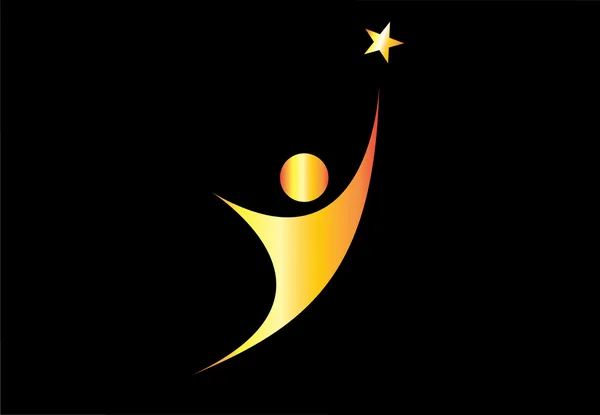 Young gold person aiming for excellence achievement success star. youthful golden person aiming for the shining star & achieve ultimate greatness or dream goal or perfection in life - concept symbol — Stock Photo, Image