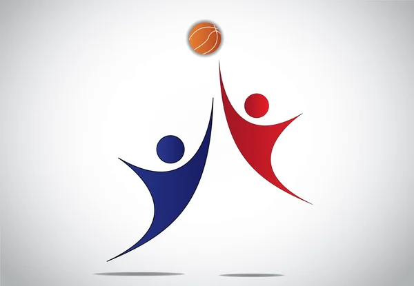 Two young players boy & girl people playing basket ball concept. youthful children or kids jumping up with hands up in the air trying to catch the orange ball during a match illustration art
