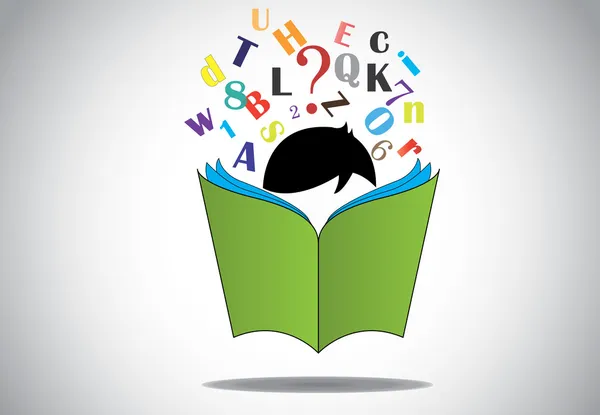 Young smart boy kid reading 3d green open book education concept. black haired child with book studying & learning for exams & fun with alphabets and numbers. learn or educate illustration art