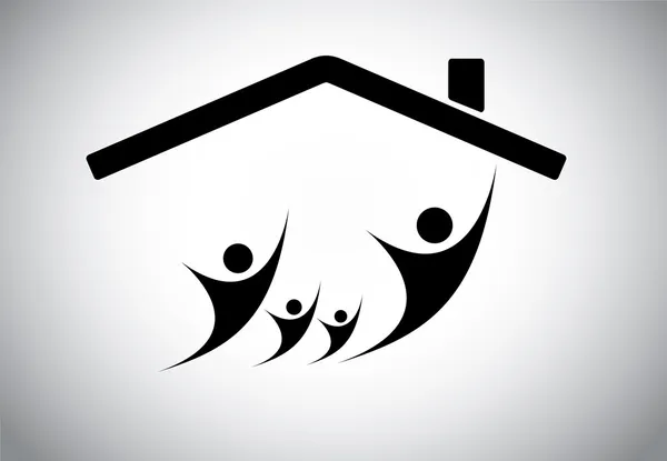 Mutlu aile adam, kadın ve çocukları zıplama neşe içinde ev. mutluluk anne ile aile ve çocuklarla kadar eller havaya Evin çatısı ve parlak beyaz arka plan - konsept illüstrasyon — Stok fotoğraf