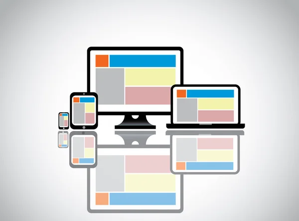 Plantilla del sitio web en la computadora de escritorio tableta portátil y teléfono inteligente. diseño de concepto web ilustración de colorido sitio web compatible en diferentes dispositivos que muestran la información de la empresa a los clientes — Foto de Stock