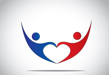 genç adam & kadın çift dans & aşk kalp şeklinde el ele tutuşur. mavi ve kırmızı renkli sevinç ve mutluluğu eller yukarı - kavramı sembol ile atlama ve dans mutlu bir erkek ve dişi insan sembolleri