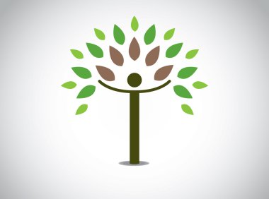 soyut renkli ağaç mutlu erkek veya kız ile açık eller bırakır. sevinç mutluluk kutlama konsept tasarım sembolü farklı renkli yaprakları ve genç insan kişi ve beyaz arka plan ile