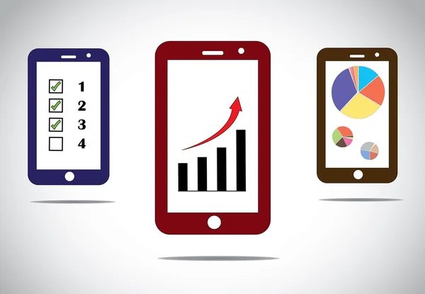 Mobilní obchodní pokrok grafy a infografiky ikony šipek. různé mobilní obchodní úspěch založený infographic koncept obrazy s šipkou, sloupcové a výsečové grafy a udělat seznam - koncepce ilustrace — Stock fotografie