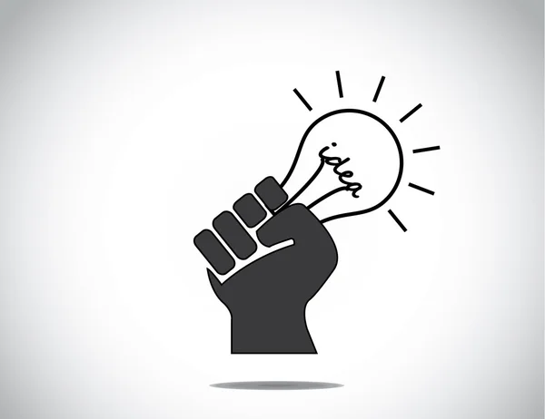 Human hand strongly holding idea light bulb of success concept.  black human hand with folded fingers hold a glowing light bulb  - determination to innovate & succeed symbol illustration art — Stock Photo, Image