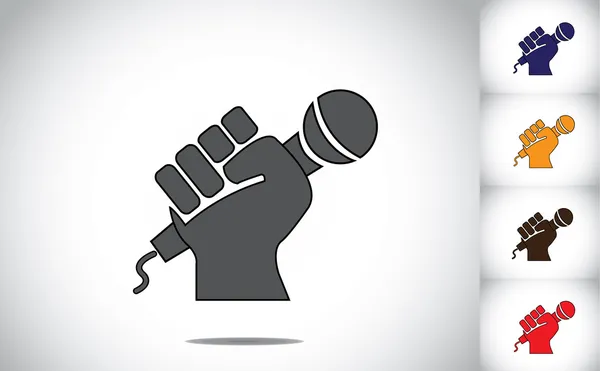 Human hand strongly holding mic microphone - karaoke concept.  black human hand silhouette with folded fingers hold the mic or microphone  - determination to speak up symbol illustration art — Stock Photo, Image