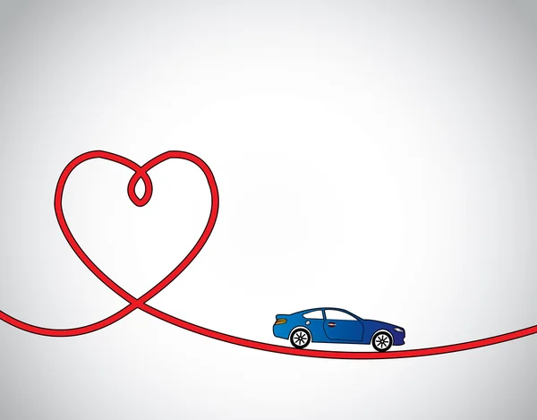 Coeur en forme de route & voiture bleue amour conduite ou concept de voyage. route en forme de coeur rouge avec voiture réaliste bleue voyageant et fond blanc brillant - concept design illustration art — Photo