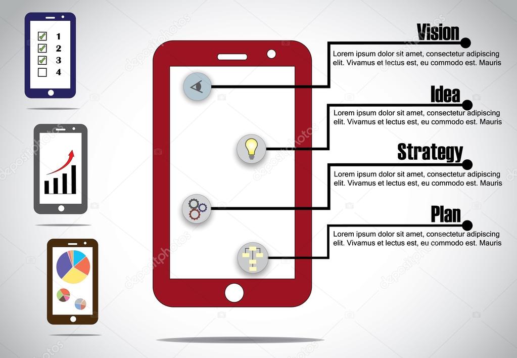 Mobile smartphone business infographics success steps concept. unique colorful app business success step infographic with different progress charts and arrows - illustration design