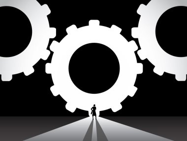 iş kadını siluet duran ön dişli çarkları. düşünme, hayal, teknoloji ve yenilik mekanik sanayi planlama bavul stand ile takım elbiseli güzel giyimli iş kadını