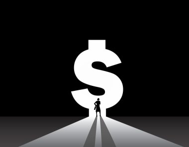 iş kadını siluet duran açık Doları para banka kapı. düşünme, hayal, büyük dolar şeklinde kapı kavramı önünde planlama bavul stand ile takım elbiseli güzel giyimli iş kadını