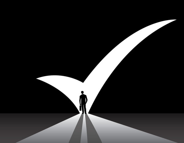 Деловой человек стоит перед большой правой отметки галочкой форме двери. красиво одетый бизнесмен силуэт в костюме с чемоданом стенд думая на краю ярко-белой правой отметки в форме двери
