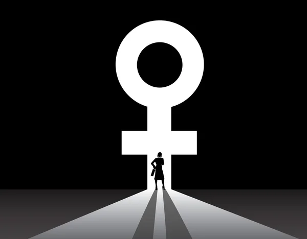 Silhouette femme d'affaires debout devant la grande porte symbole femelle. élégante silhouette de femme d'affaires joliment habillée en costume avec support de valise pensant devant la porte en forme de symbole féminin blanc vif — Image vectorielle