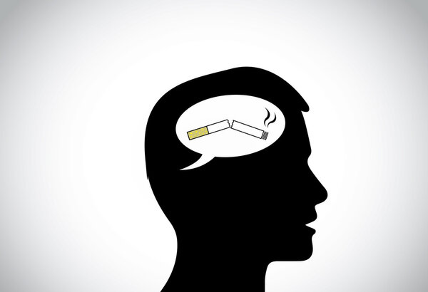 Мужской силуэт думает позитивно бросить курить мысли. Силуэт головы чернокожего молодого человека с белым пузырём разговоров, с разбитой сигаретой - бросить курить концепцию иллюстрации
