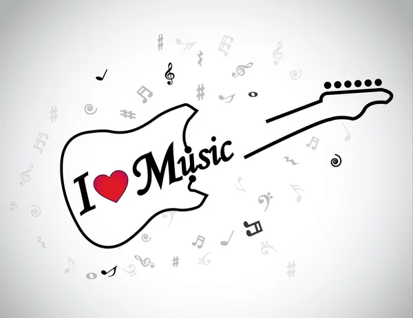 Ich liebe Musik E-Gitarre musikalische Noten Konzept & rotes Herz. ein Symbol für eine elektrische Gitarre mit Musik-Text und Noten drumherum - Illustrationsgrafik — Stockvektor