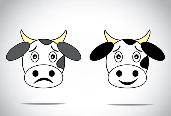 mutlu ve üzgün yüzlü inek illüstrasyon karikatür kavramı seti.