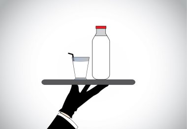Garson el mevcut taze sağlıklı organik süt cam ve şişe. profesyonel iyi giyimli kişi tutmak hizmet tam şişe ve sağlıklı taze organik Soya süt - konsept illüstrasyon