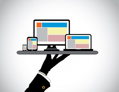 Hand presenting desktop computer laptop tablet & smart phone. website template on pc computer laptop tab & smartphone being presented by a professional man in a tray - concept illustration clipart