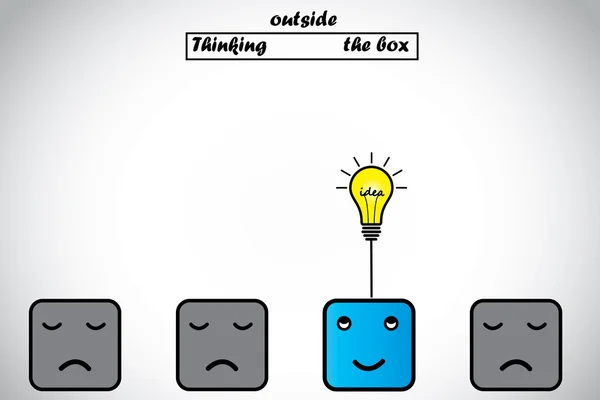 幸せの専門的な思考、ボックスの外側には電球のアイデアを取得します。青い警告スマート専門的な思考、革新的な明るく光るアイデアの他の悲しい候補者 - アイデアの概念を考えることができません。 — ストックベクタ