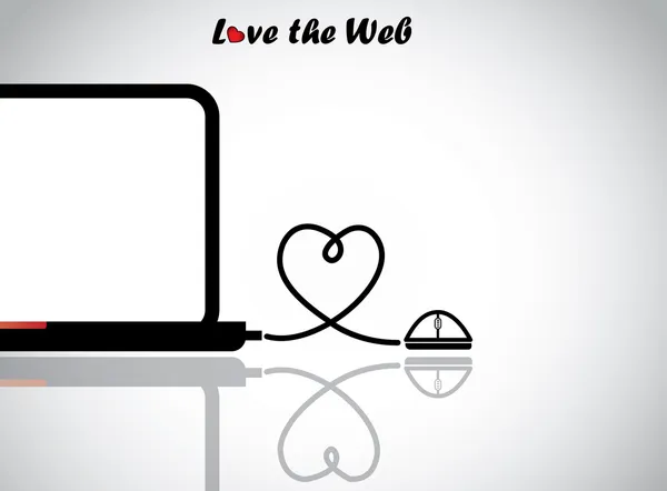 Notebook laptop e mouse com conexão de fio em forma de coração de amor - tecnologia de amor ou ilustração de conceito web com laptop netbook com display em branco conectado a um mouse com fio com reflexão — Vetor de Stock