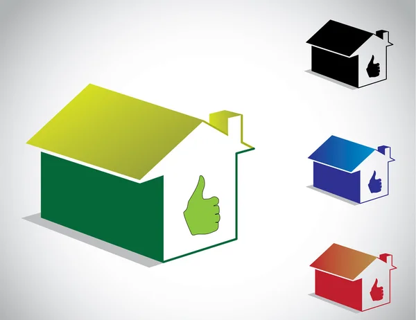 Kleurrijke perfecte groene huis huis pictogram & duimschroef opwaarts symboolset — Stockvector