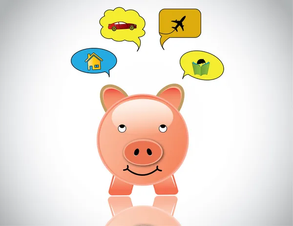 Glad piggybank planerar att köpa hem bilen utbildning och resor. glänsande rosa spargris dag drömmer att investera besparingarna i bil, hus, högre utbildning och world travel - investeringar koncept — Stock vektor