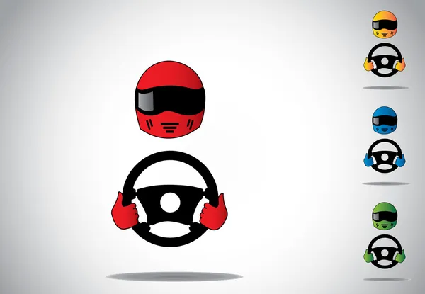 Красочный гоночный шлем водителя с руками на руле. привлекательная цветная формула один или профессиональный гонщик с красным шлемом и красными перчатками, держащий черный набор рулевого управления — стоковый вектор