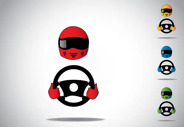 renkli yarış araba sürücüsü kask ellerle direksiyon simidi üzerinde. çekici bir formül renkli veya profesyonel araba yarışçısı kırmızı kask ve kırmızı eldiven tutarak siyah direksiyon koleksiyonu ayarla
