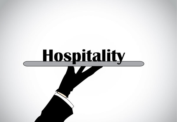 Profesional hand silhouette presenting hospitality text - concept illustration.