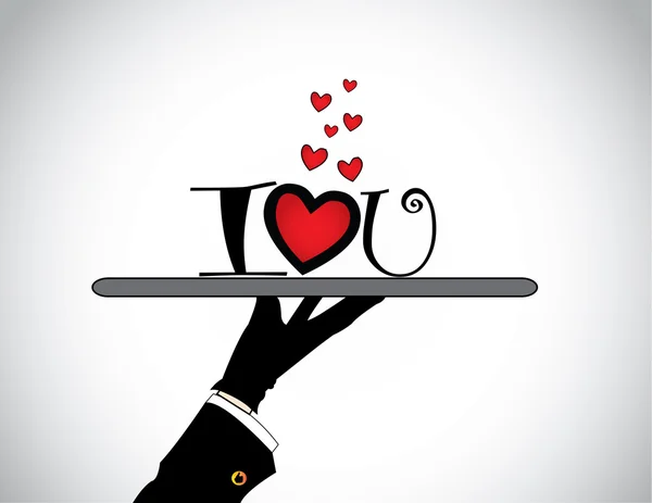 Handsilhouette präsentiert I love you text with flying hearts. eine professionelle Handsilhouette hält und präsentiert einen i love you-Text mit herzförmigem o und fliegenden Herzen - Konzeptillustration. — Stockvektor