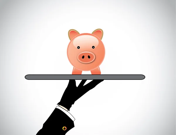 Silhouette à main présentant une tirelire rose pour l'investissement d'épargne. Une main professionnelle tenant une tirelire souriante pour investir ou épargner de l'argent ou des investissements illustration de concept bancaire — Image vectorielle