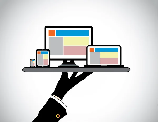 Masaüstü Bilgisayar laptop tablet & akıllı telefon sunma hakkını. pc bilgisayar laptop sekmesini & smartphone içinde bir tepsi - konsept illüstrasyon profesyonel biri tarafından sunulan Web sitesi şablonu