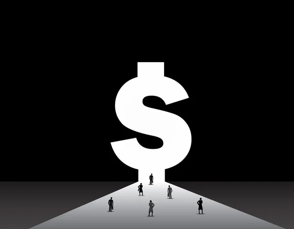 iş erkek ve kadının büyük para Doları kapı önü. güzel giyinmiş işadamları ve ayakta, düşünme, hayal, büyük bankacılık kapının önüne planlama iş kadınları ekip çalışması kavramı
