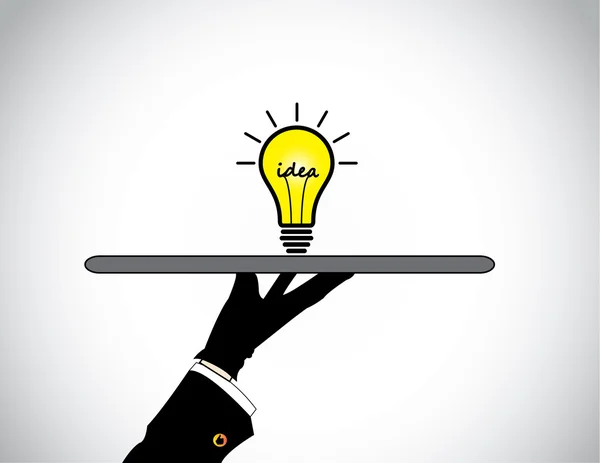 Hand presentera delar av ljus gul idé lösning glödlampa. begreppet design illustration av en professionell mänsklig hand siluett erbjuder den bästa ljus glödande glödlampan med idé text — Stock vektor
