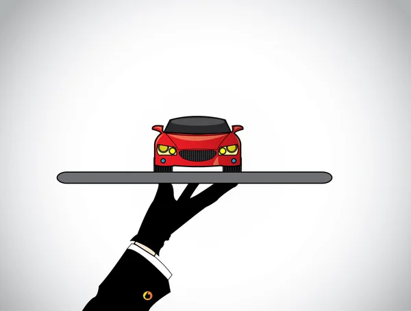 Handsilhouette eines Händlers, der das beste rote Auto anbietet - Konzeptillustration des Verkäufers, der dem Kunden ein schönes rotes Auto auf einem Tablett anbietet — Stockvektor
