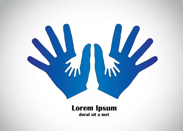 Blaue menschliche Hände zum Schutz junger Kinderhände abstraktes Konzept — Stockvektor