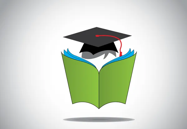 Hochschulabsolvent mit Hut beim Lesen eines grünen offenen Buches. professionelle Doktorandin mit zeremoniellem Hut studiert oder lernt aus einem großen offenen Buch mit mehreren Seiten - Ausbildungskonzept — Stockvektor